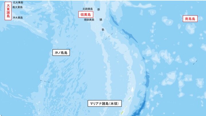 硫黄島と南鳥島の地図